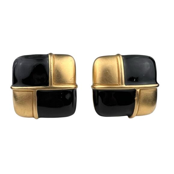 Givenchy Vintage Brushed Gold Tone & Black Squares Clip On Earrings - Picture 1 of 11